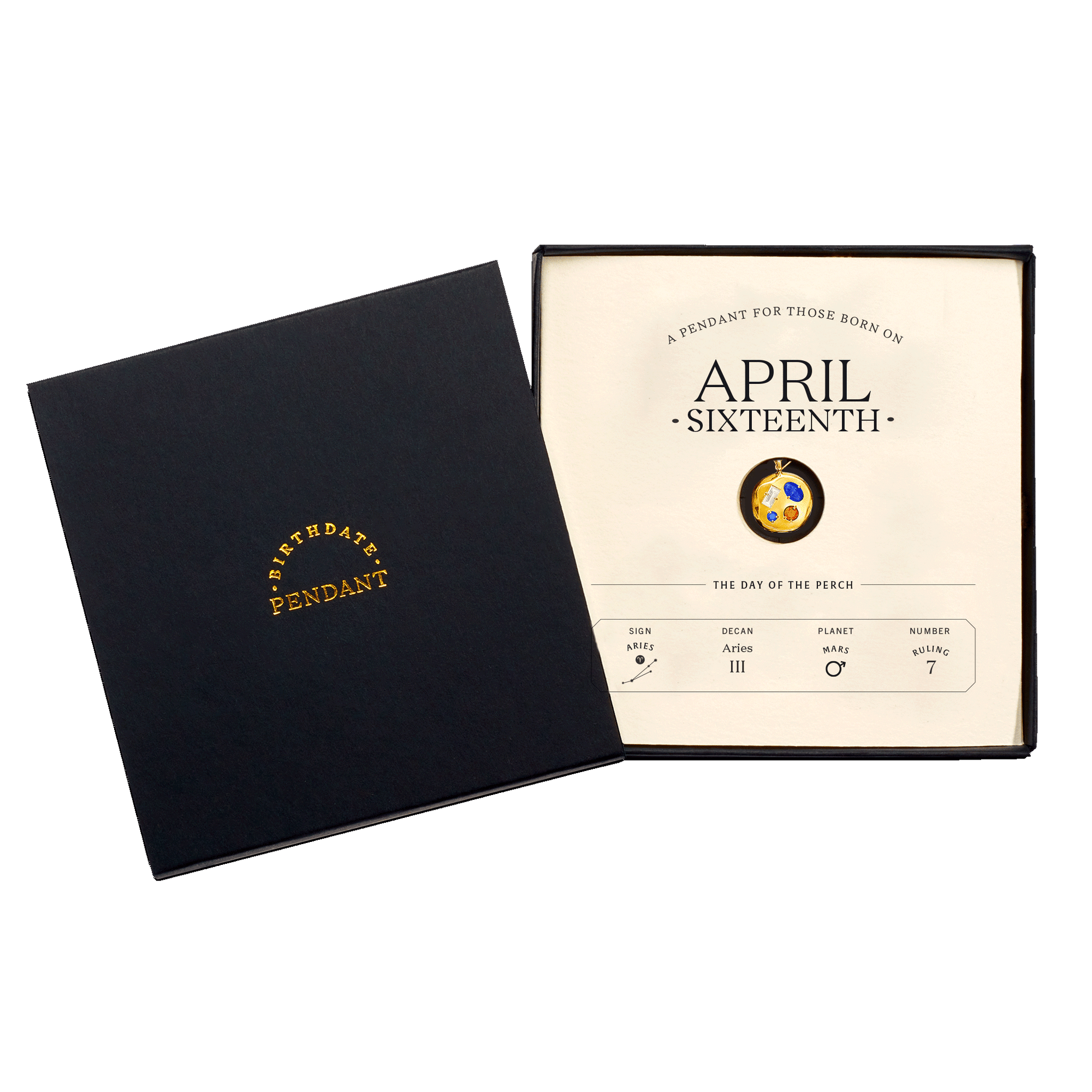 The April Sixteenth Pendant inside its box