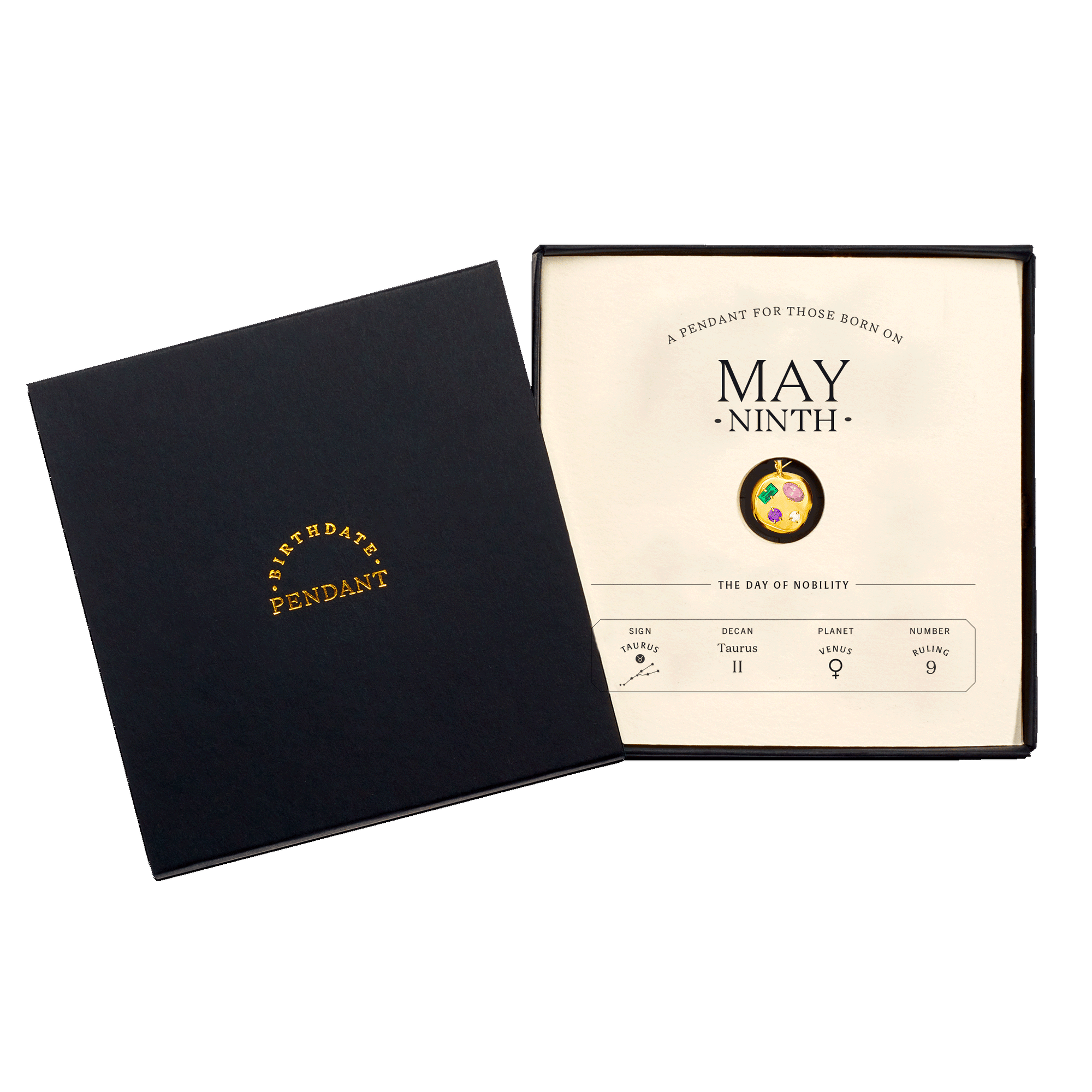 The May Ninth Pendant inside its box