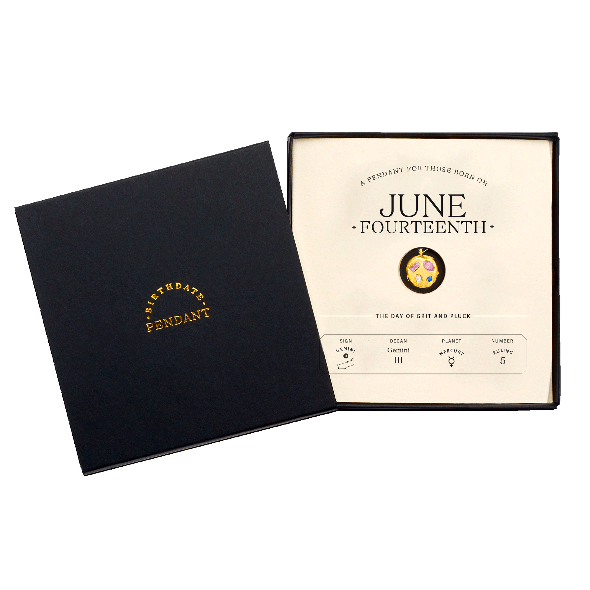 The June Fourteenth Pendant inside its box