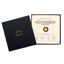 The November Tenth Pendant inside its box
