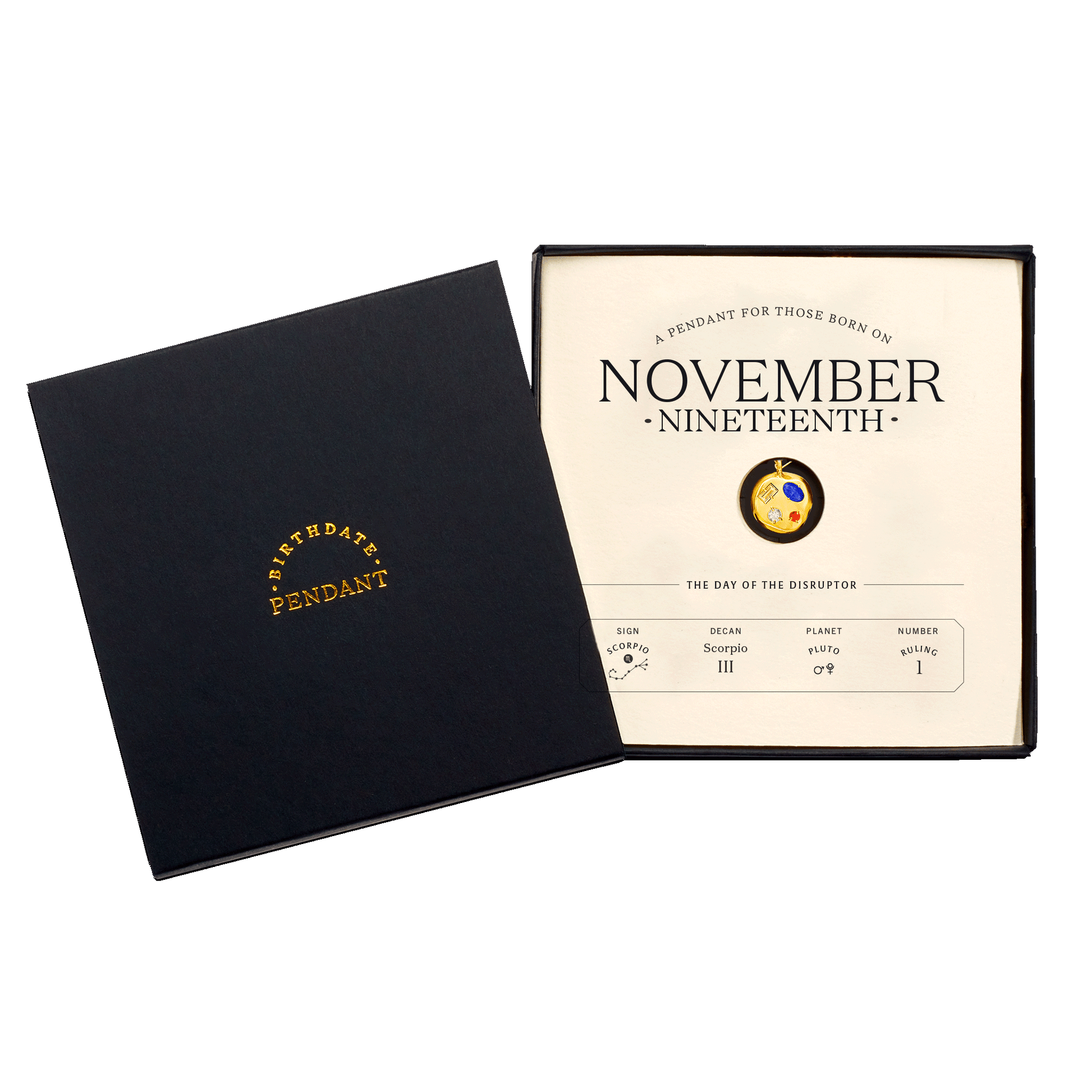 The November Nineteenth Pendant inside its box