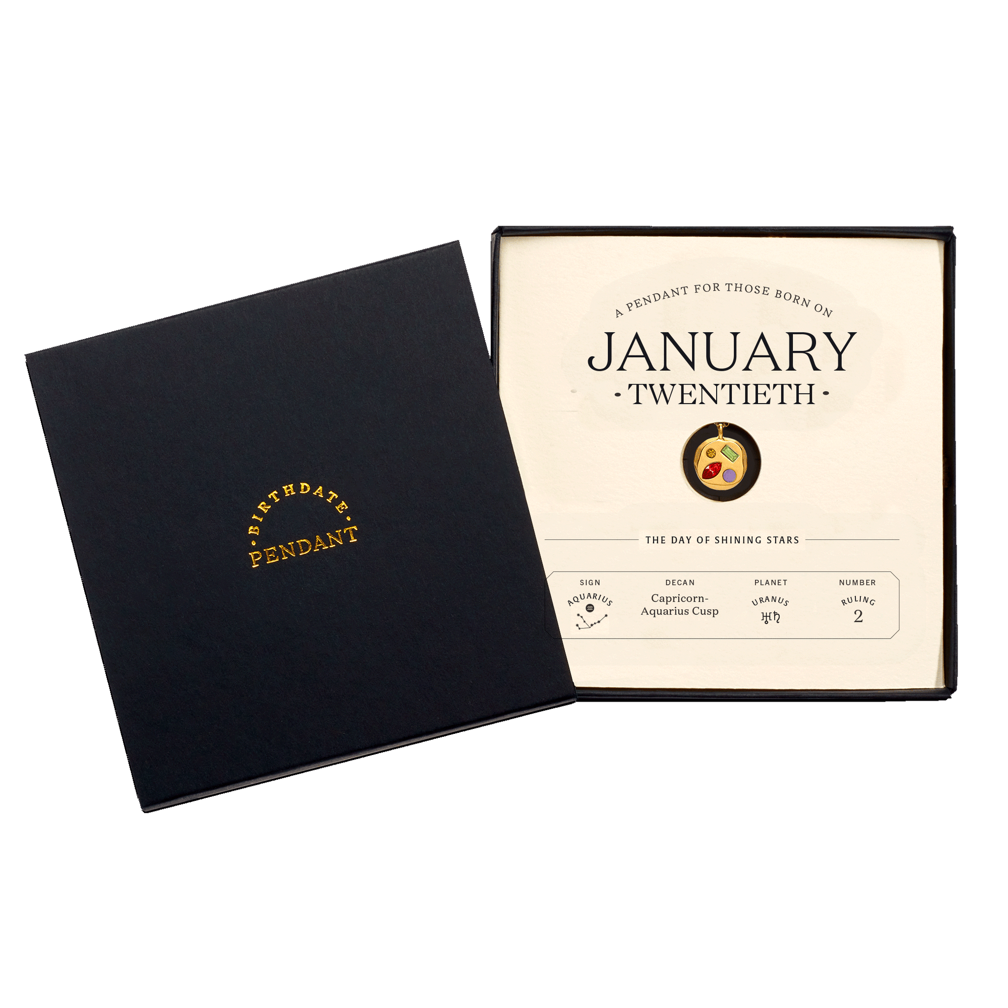 The January Twentieth Pendant inside its box